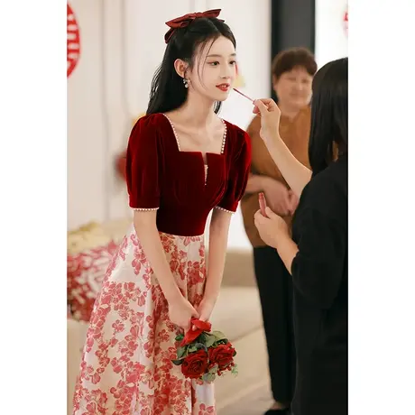 敬酒服新娘2023新款酒红色平时可穿连衣裙夏季答谢宴礼服订婚惊艳商品大图