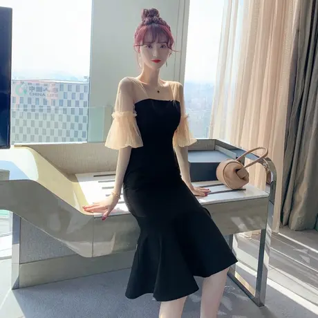 法式收腰荷叶边紧身晚礼服平时可穿复古气质露肩性感网纱袖连衣裙商品大图