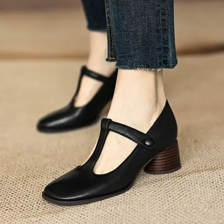 粗跟浅口单鞋女鞋子2024春新款小皮鞋T字扣带玛丽珍鞋法式高跟鞋图片