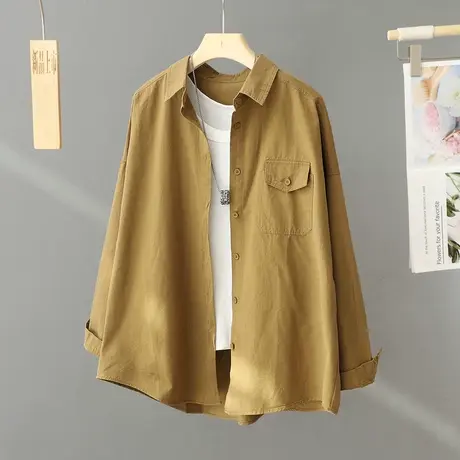 春秋纯棉文艺港味宽松洋气纯色长袖衬衫外套女式韩版宽松衬衣上衣图片