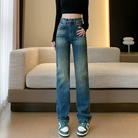 复古港风直筒阔腿牛仔裤女春秋新款高腰显瘦宽松垂感做旧拖地长裤商品大图