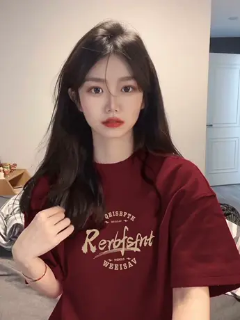 2024春秋新款龙年本命年酒红色纯棉短袖宽松打底T恤喜庆半袖上衣商品大图