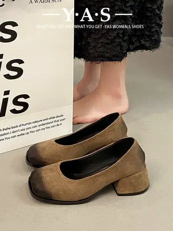 法式晚风方头浅口粗高跟鞋女2024新款复古美拉德不累脚小皮鞋单鞋图片