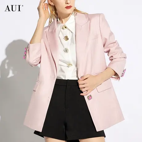 AUI粉色条纹廓形宽松西装外套女2024春秋新款高级感职业休闲西服图片