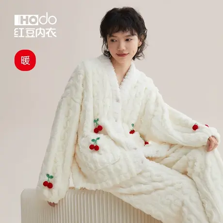 红豆加绒睡衣女冬季珊瑚绒可外穿开襟加厚可爱少女家居服套装商品大图