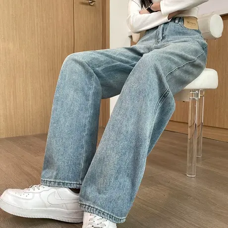 浅色复古高腰阔腿牛仔裤女春季2024新款窄版直筒宽松显瘦拖地长裤商品大图