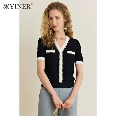 YINER音儿女装夏季V领短袖套头毛针织衫商品大图