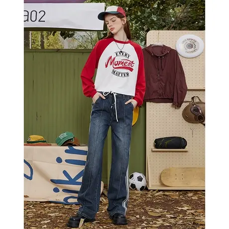 a022024春季新款侧边拼接织带设计高腰直筒裤休闲百搭女式牛仔裤图片