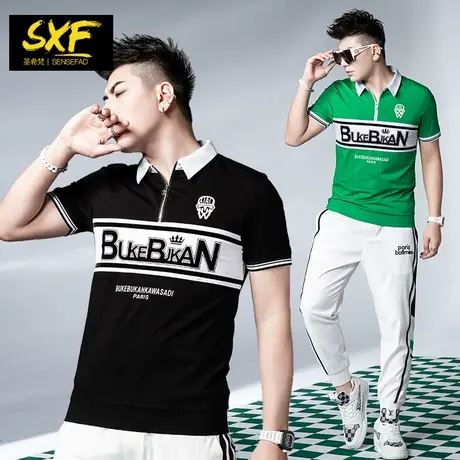 SXF圣希梵男士POLO衫 夏季新款拉链拼接体恤修身翻领短袖T恤男潮商品大图