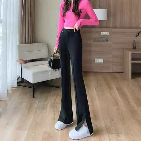 侧开叉微喇裤女2024新款春秋高腰弹力垂感拖地显瘦黑色西装喇叭裤图片