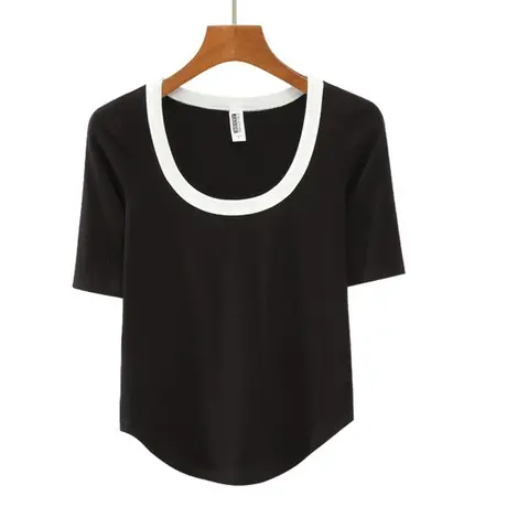 早春撞色u领中袖T恤上衣纯色半修身打底衫韩版不规则弧摆纯棉正肩商品大图