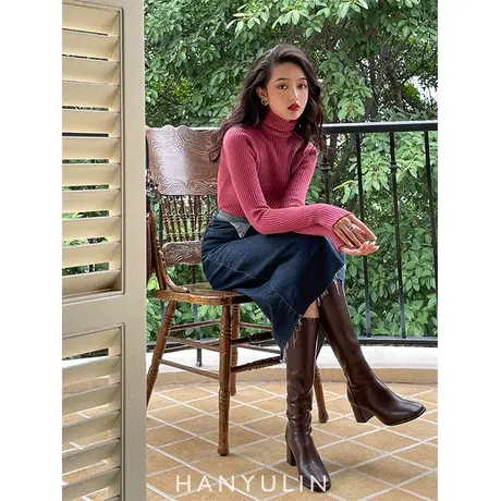 韩语琳复古港风显白桃花粉高领打底针织衫高腰包臀开叉牛仔半裙女商品大图