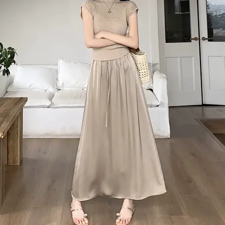 冰丝缎面高级感抽绳半身裙女2024春夏中长新款垂感遮胯a字伞裙薄图片