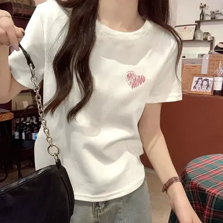 白色正肩短袖T恤女2024夏装新款简约小众设计感短款印花半袖上衣商品大图