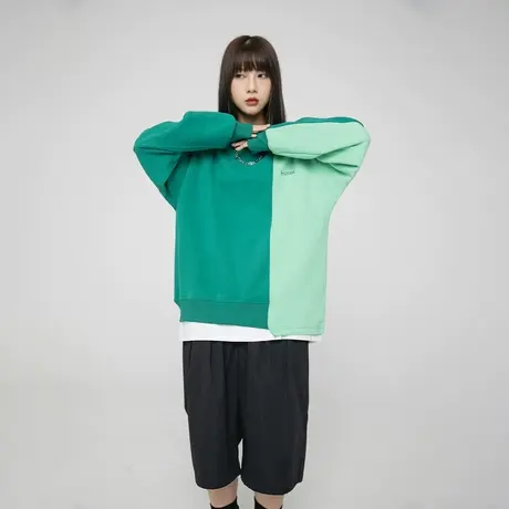 美式复古潮牌拼接圆领卫衣女春季2024年新款宽松oversize无帽上衣商品大图