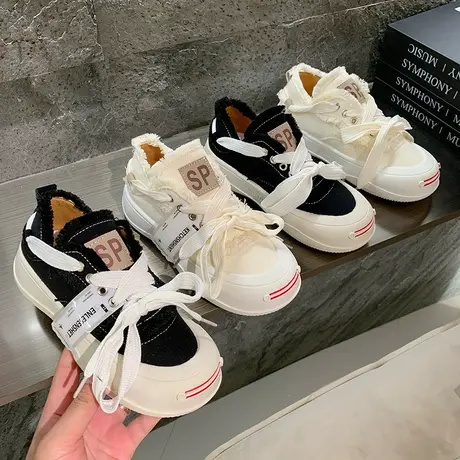 开口笑厚底帆布鞋子女厚底小白鞋2024春秋新爆款学院风运动休闲鞋图片