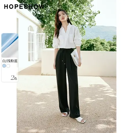 红袖设计感花朵袖套头上衣hopeshow2024夏季新款V领纯色轻薄衬衫图片
