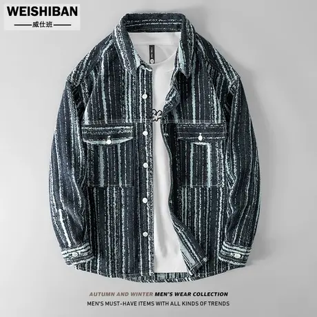 日系复古磨毛长袖衬衣2022年潮牌春秋宽松外套条纹加厚牛仔衬衫男商品大图