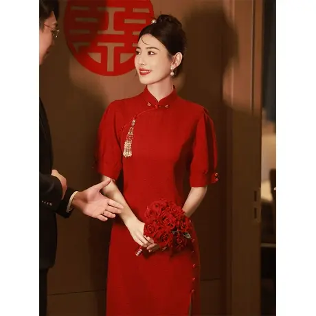 中式旗袍敬酒服2023结婚订婚酒红色长款礼服新娘改良秋季日常红色商品大图