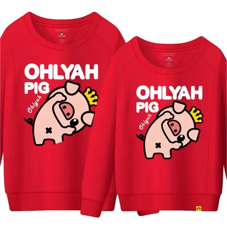 Ohlyah加绒加厚套头卫衣圆领宽松情侣女装红色卡通小猪印花潮上衣商品大图