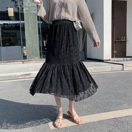 【换购10】蕾丝半身裙女新款春秋中长款高腰A字正反两面穿纱裙图片