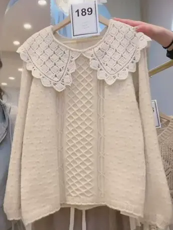 春装新款女装韩版宽松显瘦娃娃领减龄镂空菱格针织套头衫百搭毛衣商品大图