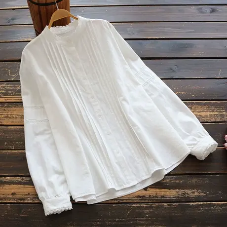全棉白色衬衫女夏宽松2021春季新款蕾丝立领褶皱上衣法式衬衣T恤商品大图