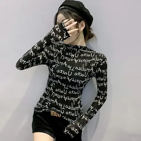 半高领打底衫女长袖春秋2023新款时尚印花网纱上衣紧身内搭上衣潮商品大图