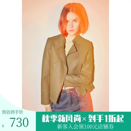 恩裳COVER初秋款新品柔软绵羊皮时尚斜门襟机车小短款皮衣女图片