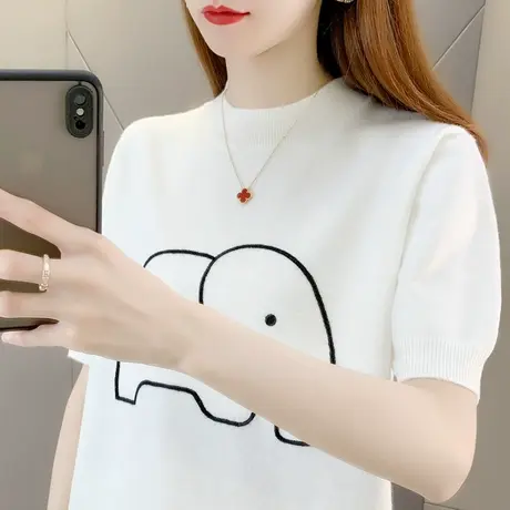 白色小象卡通短袖针织打底衫女2022春秋新款宽松百搭t恤洋气上衣商品大图