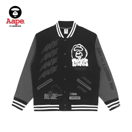 Aape旗舰店男装秋冬猿颜字母印花嘻哈拼接棒球卫衣外套3952XXJ商品大图