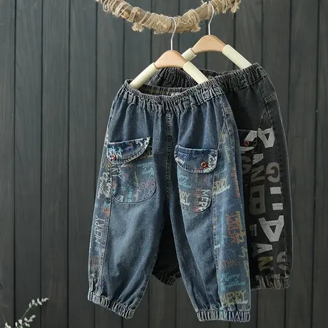 复古做旧拼接印花五分牛仔裤女士夏季新品薄款宽松显瘦阔腿灯笼裤商品大图