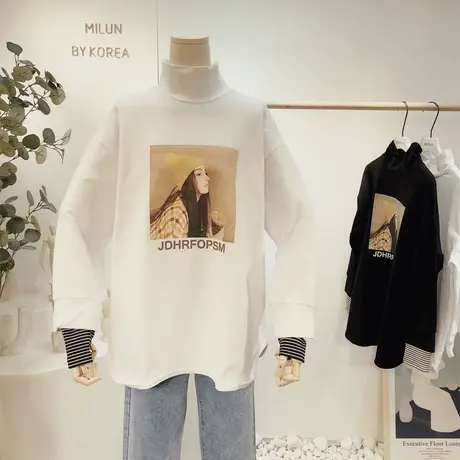 半高领加绒打底衫2021秋冬韩国东大门头像中长款T恤白色加绒大码图片