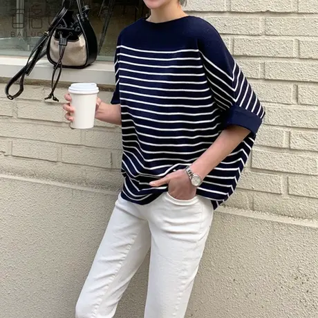 百洛安宽松条纹T恤衫女夏季新款韩版套头衫罩衫一字领针织衫上衣图片