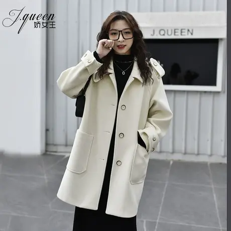 白色毛呢外套女秋冬加厚韩系温柔气质中长款高级感小个子呢子大衣商品大图