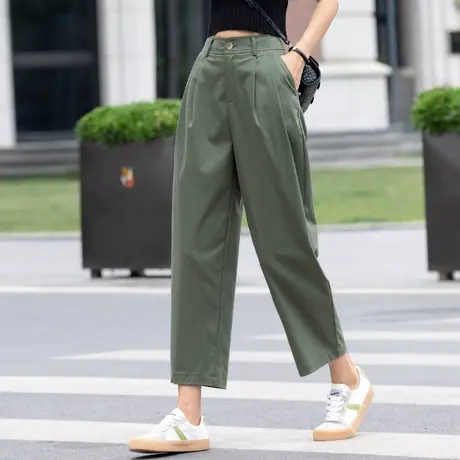 军绿色裤子女夏季薄款小个子直筒天丝直筒裤2023新款阔腿冰丝女裤商品大图
