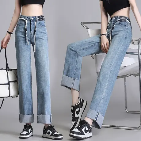 时髦天丝牛仔直筒裤女2023年新款夏季薄款高腰设计感弹力显瘦裤子商品大图