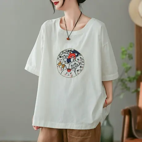 dza复古白色短袖T恤女2023夏季薄款圆领打底体恤宽松显瘦套头上衣商品大图