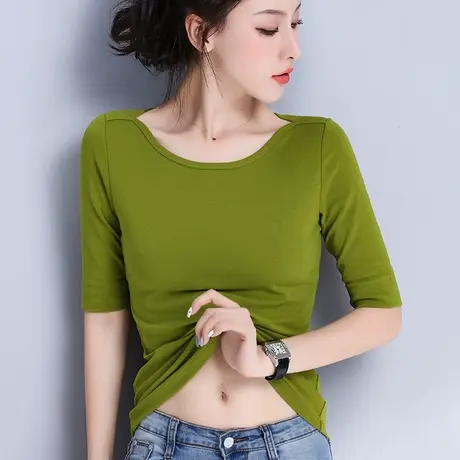 牛油果绿上衣五5分中袖t恤女纯色修身一字领露锁骨半袖内搭打底衫商品大图