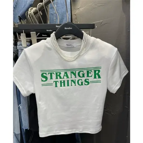 韩国东大门2022夏季新款洋气撞色字母印花修身百搭垫肩短袖T恤女商品大图