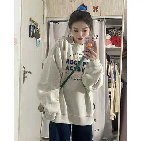 圆领卫衣女春秋复古美式高级感好看小众oversize潮牌落肩长袖上衣商品大图