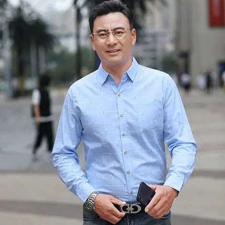 爸爸衬衫中年男士衬衣长袖薄款春秋装夏季老年人男式上衣服有口袋图片