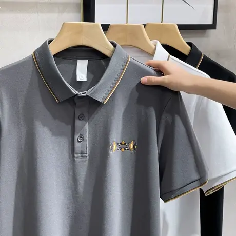 日系短袖POLO衫男夏季宽松翻领条纹领半袖t恤男潮牌百搭休闲体恤商品大图