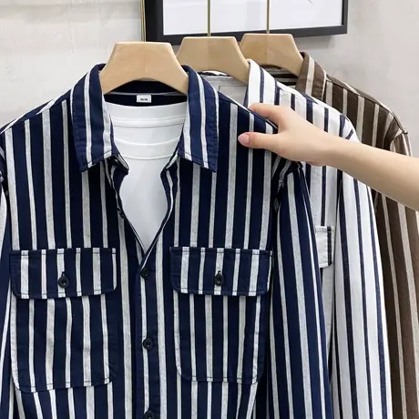 条纹高级感衬衫男士长袖2023春秋季新款翻领韩版宽松工装设计上衣商品大图