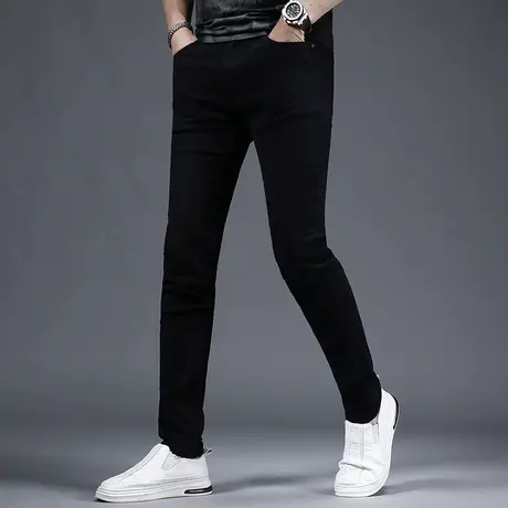 2023春夏季新款纯黑色牛仔裤男款修身小脚长裤韩版潮流弹力男裤子商品大图