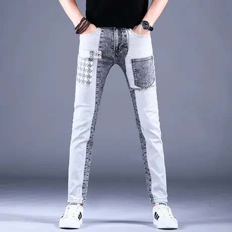 男士拼接补丁牛仔裤男春秋男款2023新款修身小脚休闲裤子韩版男款图片