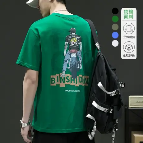 港风日系圆领纯棉全棉夏季薄款半袖短袖T恤内搭男装情侣装上衣服商品大图