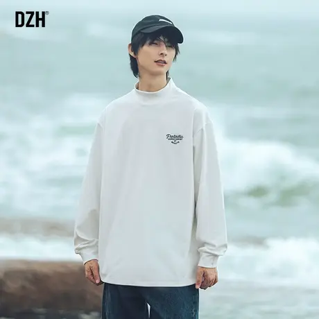 DZH男士白色半高领刺绣德绒t恤男长袖ins潮流秋季休闲宽松打底衫商品大图