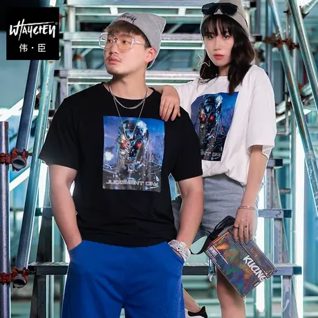 伟臣潮流大码男装夏季新品短袖T恤男胖子科幻印花纯棉圆领五分袖商品大图