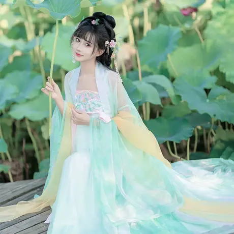 【如梦霓裳丨娉婷】唐制汉服女夏齐胸襦裙高腰显高显瘦绿荷花绣花图片